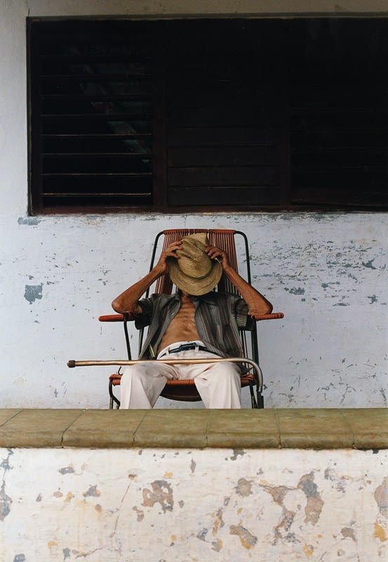 Old man, travel photography, cuba, sleeping, porch, hat